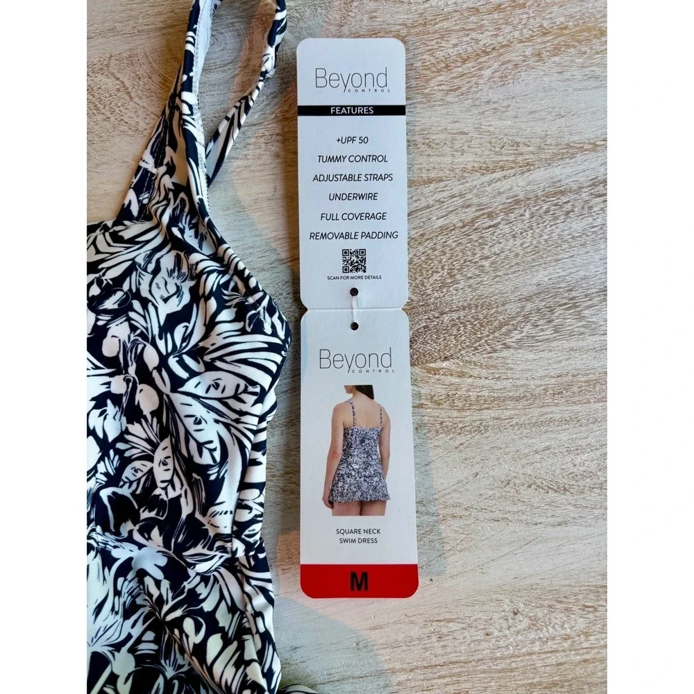 NWT size Medium Beyond Control Swim Dress Navy White Tummy Control UPF 50